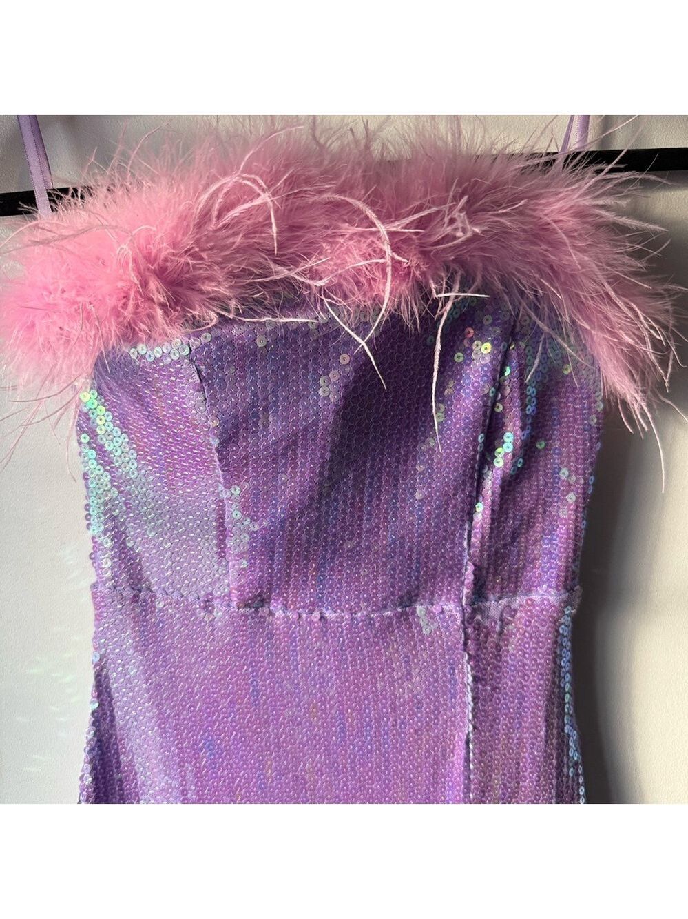 Honey & Rosie Formal Iridescent Sequin Feather Dress Purple Pink XS $129 Prom - Picture 5 of 8